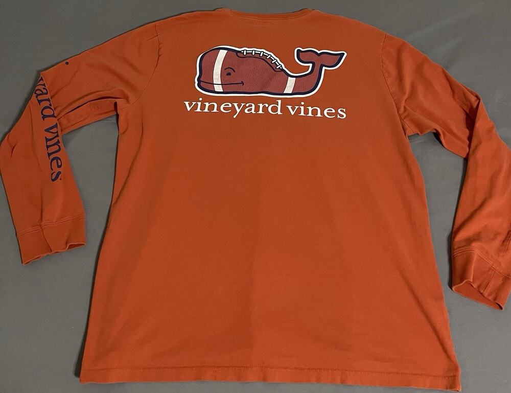 Vineyard Vines Mens L Orange Long Sleeve Pocket Tee Football Whale Spot On Front